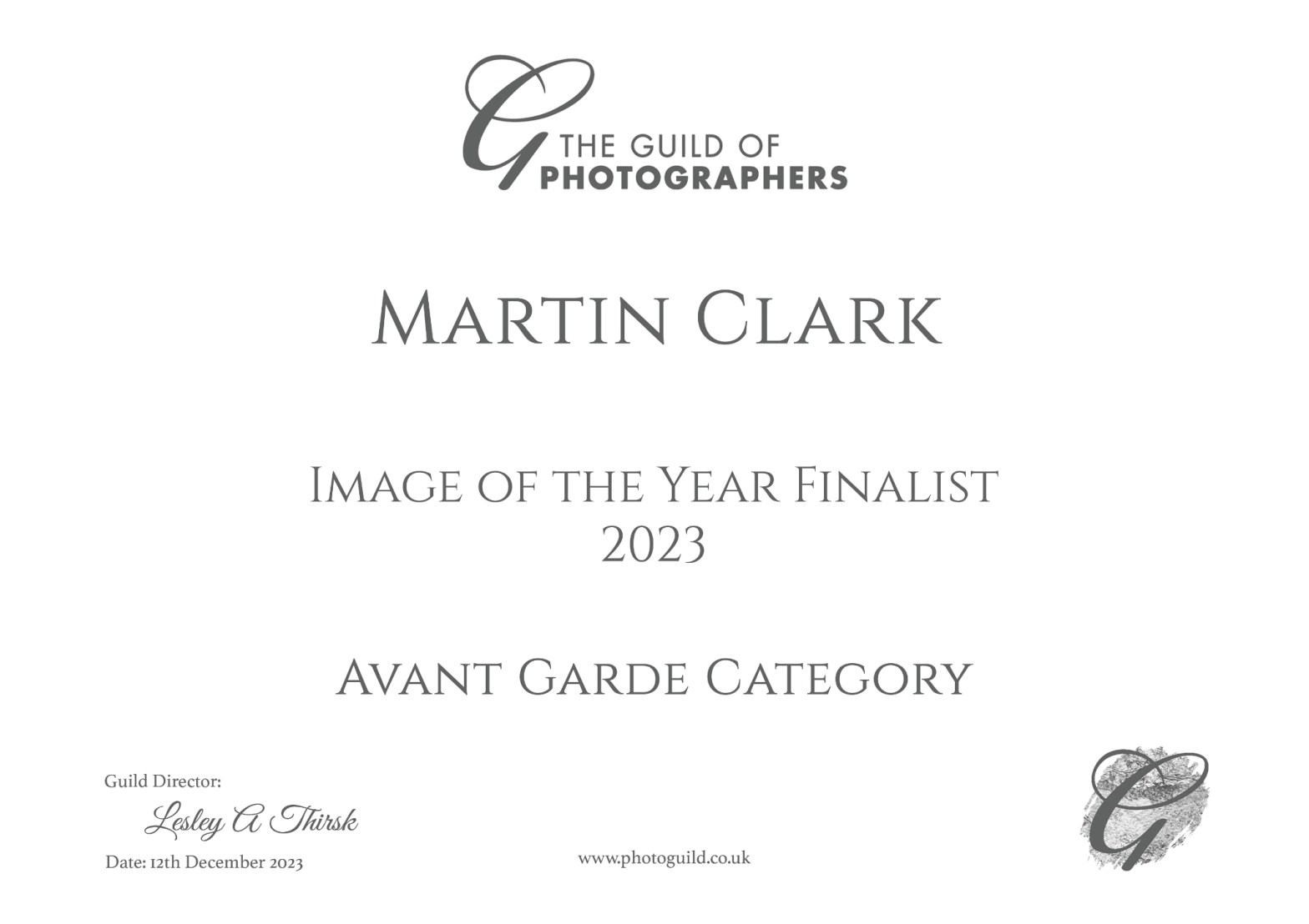 Certificate for finalist of Image of the Year