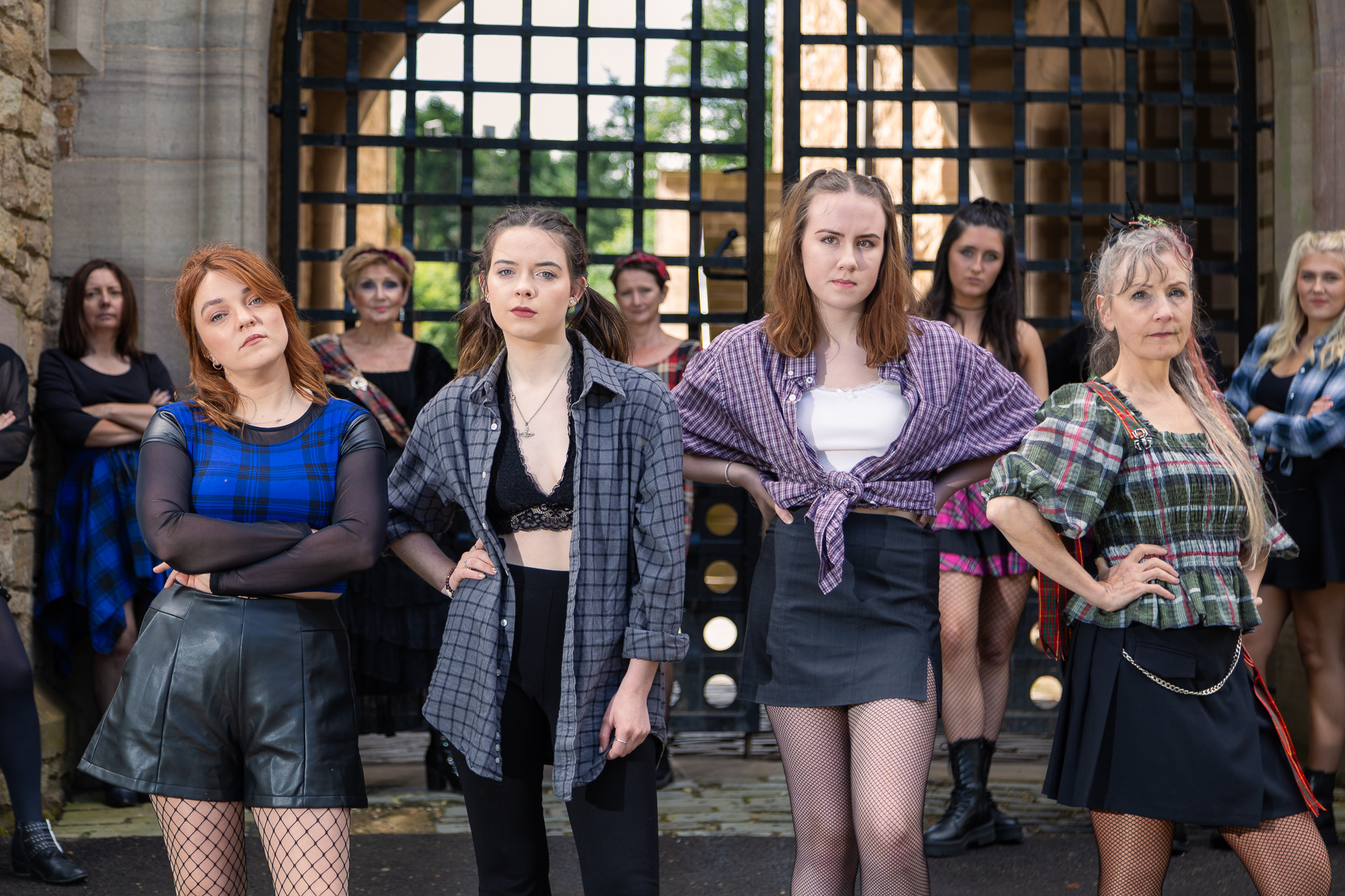 Promo image in Ayrshire castle for musical theatre company depicting cast of actresses from Jacobite Rebellion performance