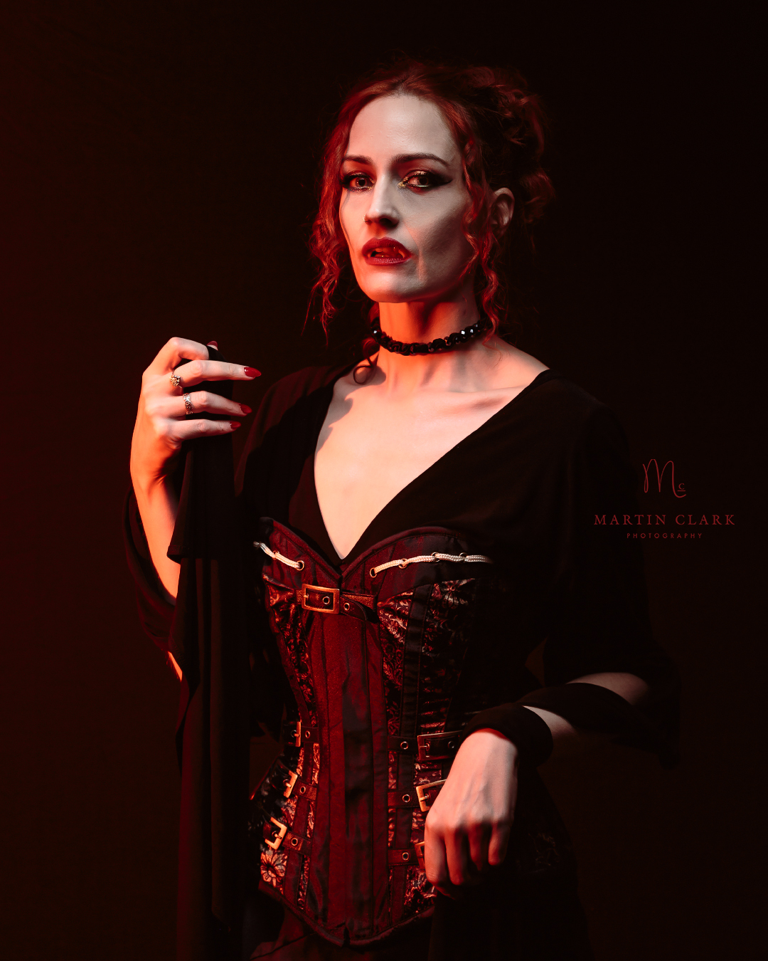a model dressed as a vampire with a gothic aesthetic and pose